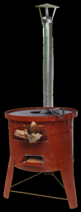 Estufa Ecocomal móvil de cuerpo metálico rojo con chimenea y leña en la cámara